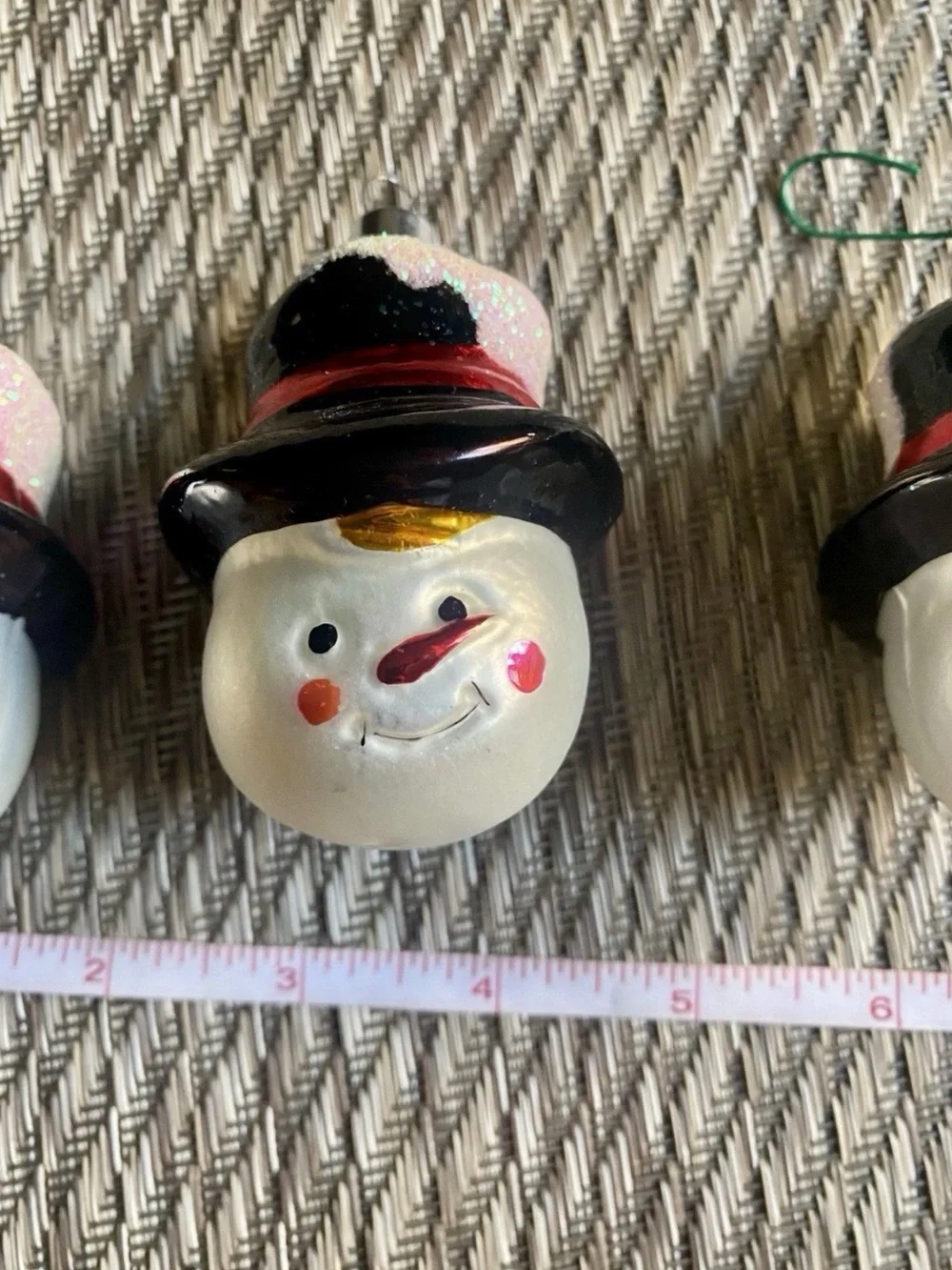 Vintage Blown Glass Snowman Head Christmas Ornaments Lot of 3 Glitter Top Hat